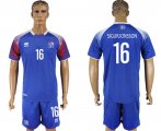 2018 World cup Iceland team #16 SIGURJONSSON blue soccer jersey home