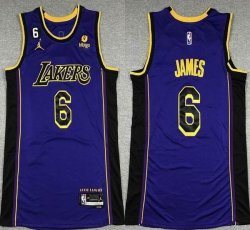 Jordan logo Los Angeles Lakers #6 LeBron James purple basketball jersey 6 patch -XD