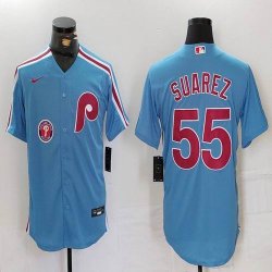 Nike Philadelphia Phillies #55 Ranger Suarez skyblue throwback majestaic baseball jersey 01