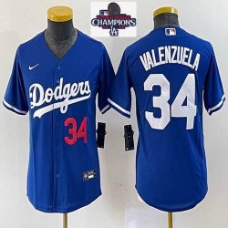 Youth 2024 World Series Champions patch Nike Los Angeles Dodgers#34 Fernando Valenzuela blue majestic baseball jerseys-BD