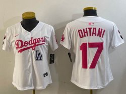 Women Nike Los Angeles Dodgers #17 Shohei Ohtani white pink MLB baseball Jersey-Joint name-BD 02