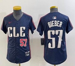 Youth Nike Cleveland Indians #57 Shane Bieber blue majestic baseball jersey -BD 01