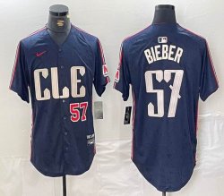 Nike Cleveland Indians #57 Shane Bieber blue majestic baseball jersey -BD 08