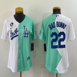 Women Nike Los Angeles Dodgers #22 Bad Bunny green white splits majestic baseball Jerseys-BD 02