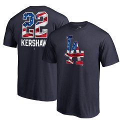 Men\'s Los Angeles Dodgers Clayton Kershaw Fanatics Branded Navy 2018 Memorial Day Banner Wave Player T-Shirt