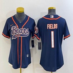 Women Nike BChicago Bears #1 Justin Fields blue baseball jerseys Joint name-BD