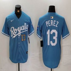 Kansas City Royals #13 Salvador Perez skyblue nike mlb baseball jersey 02