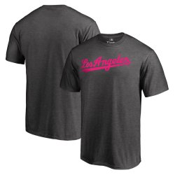 Men\'s Los Angeles Dodgers Fanatics Branded Heather Gray 2018 Mother\'s Day Pink Wordmark T-Shirt