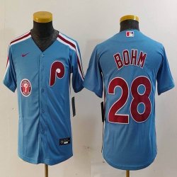 Youth Nike Philadelphia Phillies #28 Alec Bohm skyblue throwback majestaic baseball jersey 02