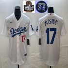 2024 World Series and 34 patch Dodgers #17 Shohei Ohtani Nike white majestic baseball Jersey 02