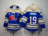 Youth Quebec Nordiques 19 Joe Sakic blue beige NHL Hooded Sweatshirt