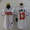 Women Nike Atlanta Braves #13 Ronald Acuna Jr. white gold majestic baseball jersey 2021 MLB World Series