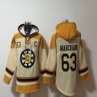 Boston Bruins Brad Marchand #63 beige yellow NHL Hooded Sweatshirt with 100th logo