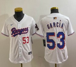 Youth Nike Texas Rangers #53 Adolis Garcia white majestic baseball jerseys Champion patch-BD 01