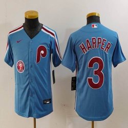 Youth Nike Philadelphia Phillies #3 Bryce Harper skyblue throwback majestaic baseball jersey 02