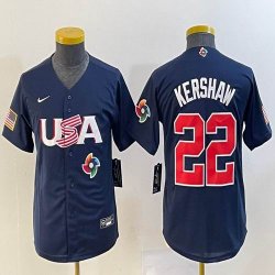 Youth 2023 World Cup #22 Clayton Kershaw blue USA majestic baseball jerseys 02