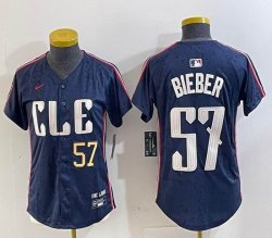 Women Nike Cleveland Indians #57 Shane Bieber blue majestic baseball jersey -BD 01