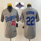 Youth 2024 World Series Champions patch Nike Los Angeles Dodgers 22 Clayton Kershaw gray majestic baseball jerseys-