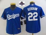 Youth 2024 World Series Champions patch Nike Los Angeles Dodgers 22 Clayton Kershaw blue majestic baseball jerseys