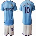 2019-2020 Manchester City club #10 KUN AGUERO skyblue white soccer jersey home