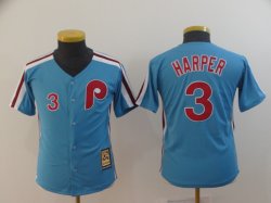 Youth Philadelphia Phillies #3 Bryce Harper blue throwback baseball jersey