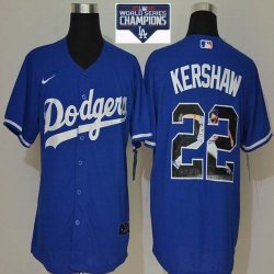 Nike Los Angeles Dodgers #22 Clayton Kershaw Blue Fashion Majestic Baseball Jerseys 2020 Dodger World Series