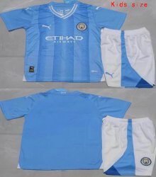 2023-2024 Manchester City club skyblue white kid soccer jerseys home-GD