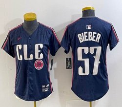 Women Nike Cleveland Indians #57 Shane Bieber blue majestic baseball jersey -BD 04