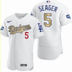 Custom Dodgers #5 Corey Seager Nike white gold 2020 Dodger World Series Champions Flexbase Authentic Collection Jersey