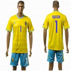 2015-2016 Sweden #1 ISAKSSON yellow skyblue soccer jersey home