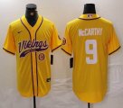 Minnesota Vikings #9 J.J. McCarthy yellow baseball jersey Joint Name 02