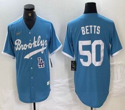 Nike Los Angeles Dodgers #50 Mookie Betts skyblue throwback MLB baseball Jersey 01