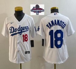 Youth 2024 World Series Champions patch Nike Los Angeles Dodgers #18 Yoshinobu Yamamoto white majestic baseball jerseys