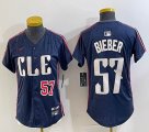 Women Nike Cleveland Indians #57 Shane Bieber blue majestic baseball jersey -BD 02