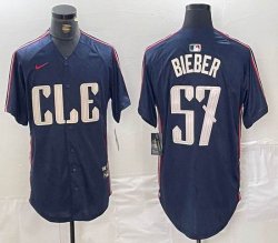 Nike Cleveland Indians #57 Shane Bieber blue majestic baseball jersey -BD