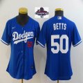 Women 2024 World Series Champions patch Los Angeles Dodgers #50 Mookie Betts blue majestic baseball jersey