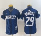 Women Nike Cleveland Indians #29 Skubal blue majestic baseball jersey -BD