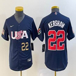 Youth 2023 World Cup #22 Clayton Kershaw blue USA majestic baseball jerseys 06