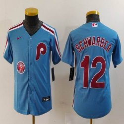 Youth Nike Philadelphia Phillies #12 Schwarber skyblue throwback majestaic baseball jersey 02