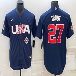 2023 World Cup #27 Mike Trout blue USA majestic baseball jerseys 05