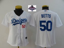 Women 2024 World Series Champions patch Los Angeles Dodgers #50 Mookie Betts white majestic baseball jersey