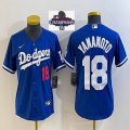 Women 2024 World Series Champions patch Los Angeles Dodgers #18 Yoshinobu Yamamoto blue majestic baseball jerseys 01