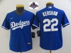 Youth 2024 World Series Champions patch Nike Los Angeles Dodgers 22 Clayton Kershaw blue majestic baseball jerseys