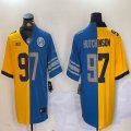 Nike Detroit Lions #97 Aidan Hutchinson blue yellow splits Color Rush Limited Jersey 01