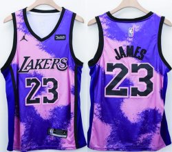 Jordan logo Los Angeles Lakers #23 LeBron James purple orange nba basketball jerseys-LT