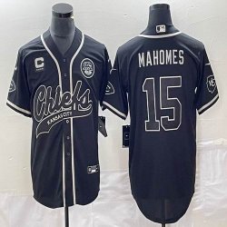 Nike Kansas City Chiefs #15 Patrick Mahomes black baseball jerseys Joint name C patch -BD