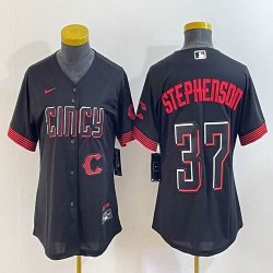 Women Nike Cincinnati Reds #37 Tyler Stephenson black majestic baseball jerseys -BD 01