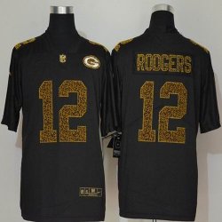 Custom Nike Green Bay Packers #12 Aaron Rodgers Black Color Rush Limited Jerseys Flocking Leopard-WL