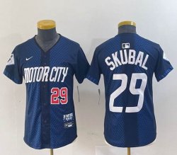 Youth Nike Cleveland Indians #29 Skubal blue majestic baseball jersey -BD 01