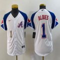 Women Nike Anaheim Angels #1 Ozzie Albies white blue majestic baseball city version 03